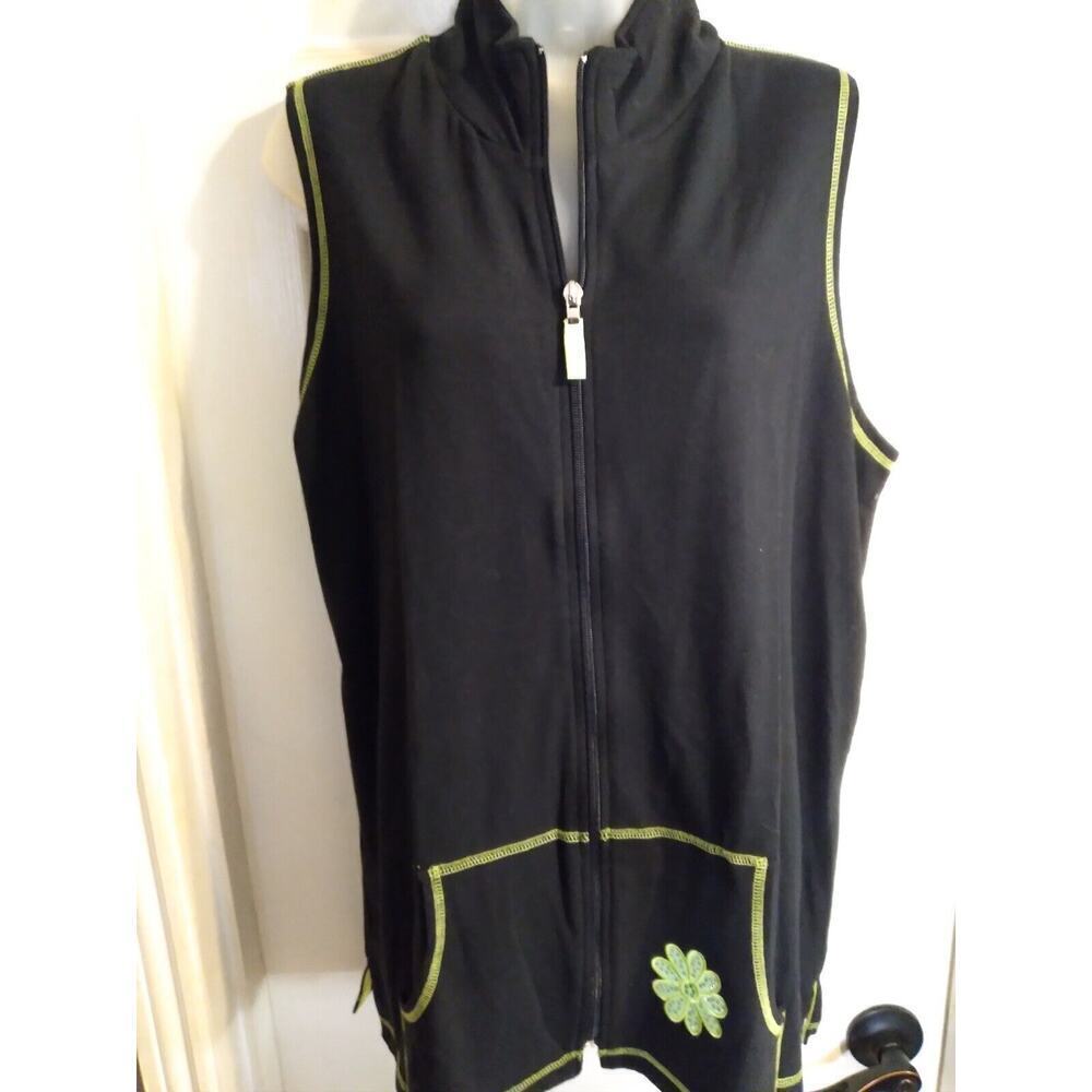 Quacker Factory Vest Cardigan Full Zip Black Green Flower Pocket Sz M
